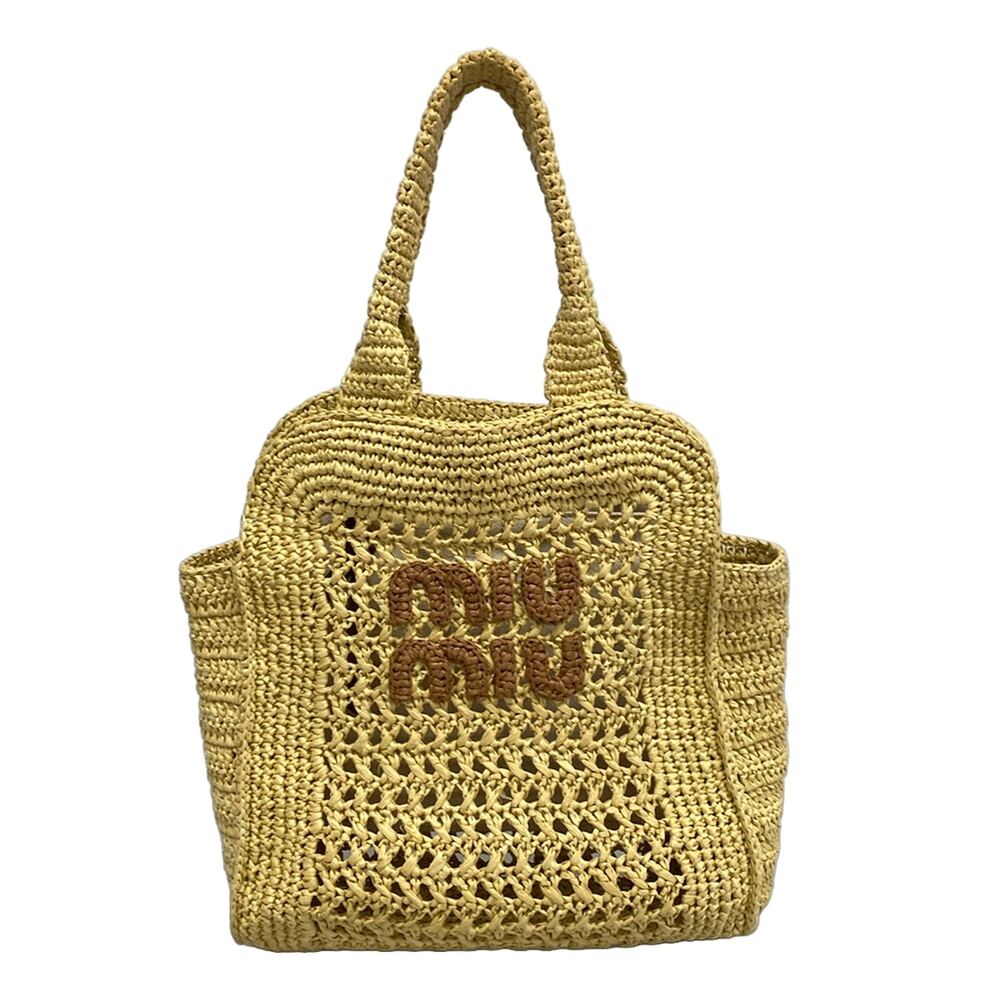 Miu Miu Raffia-effect woven tote bag Tote Bag 5BA283 Beige Brown